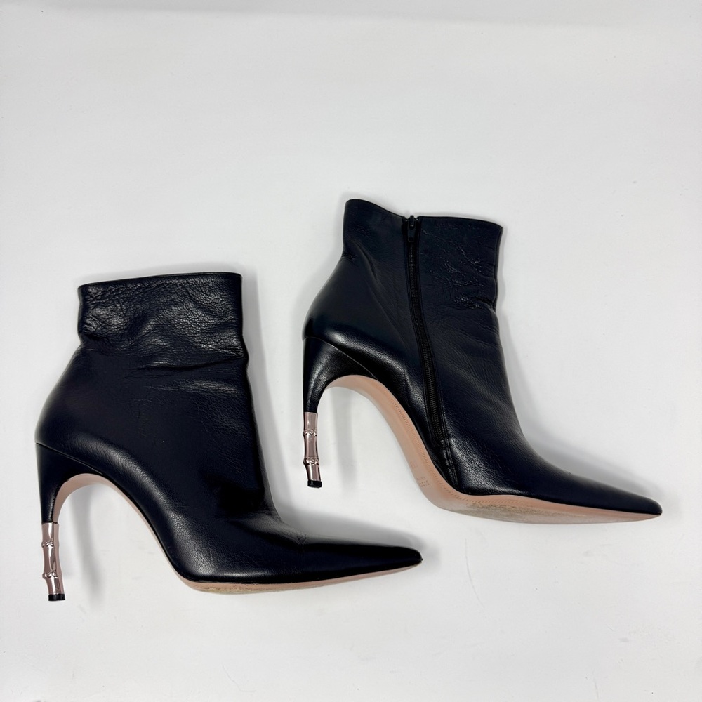 Gucci Black Goat Leather Ankle Boots with Rose Gold Metal Bamboo Heels - Picture 6 of 16
